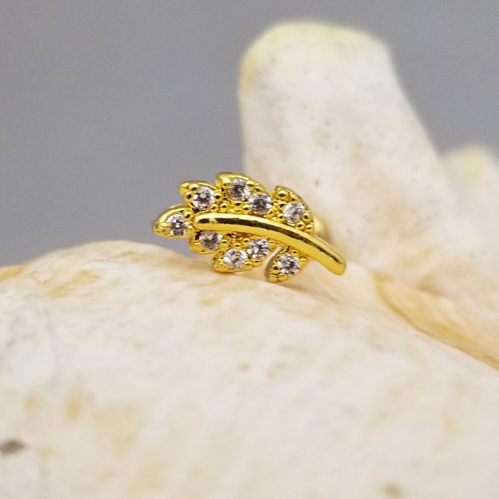 16G Gold leaf labret with clear CZ gems cartilage monroe internally threaded NWT